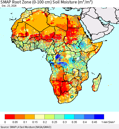 Africa SMAP Root Zone (0-100 cm) Soil Moisture (m³/m³) Thematic Map For 12/21/2024 - 12/25/2024