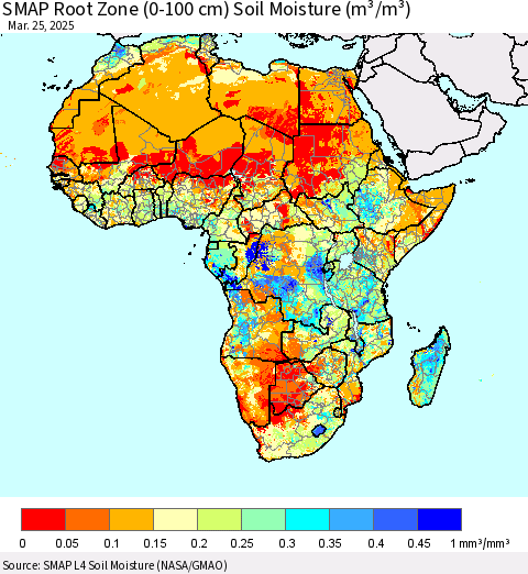 Africa SMAP Root Zone (0-100 cm) Soil Moisture (m³/m³) Thematic Map For 3/21/2025 - 3/25/2025