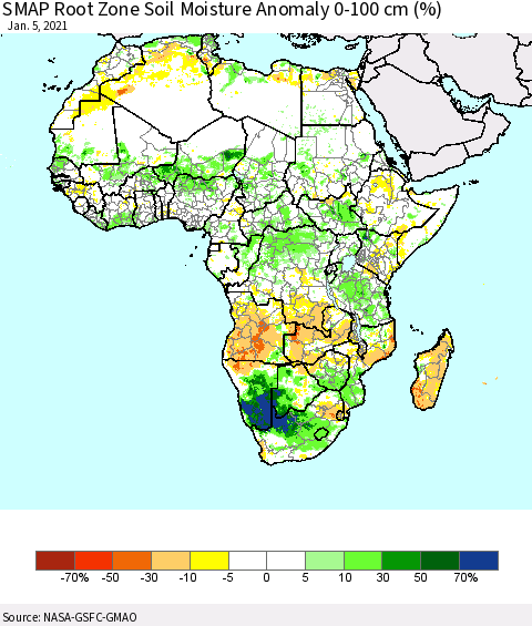 Africa SMAP Root Zone (0-100 cm) Soil Moisture Anomaly (%) Thematic Map For 1/1/2021 - 1/5/2021