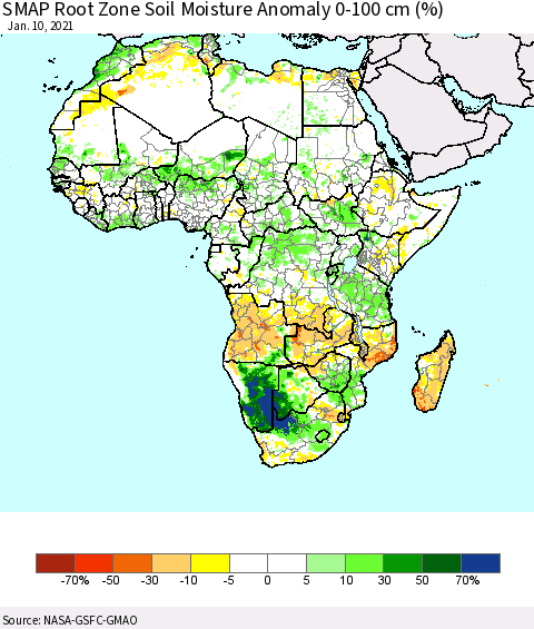 Africa SMAP Root Zone (0-100 cm) Soil Moisture Anomaly (%) Thematic Map For 1/6/2021 - 1/10/2021