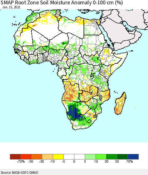 Africa SMAP Root Zone (0-100 cm) Soil Moisture Anomaly (%) Thematic Map For 1/11/2021 - 1/15/2021