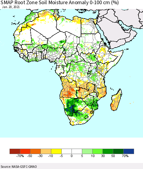 Africa SMAP Root Zone (0-100 cm) Soil Moisture Anomaly (%) Thematic Map For 1/16/2021 - 1/20/2021