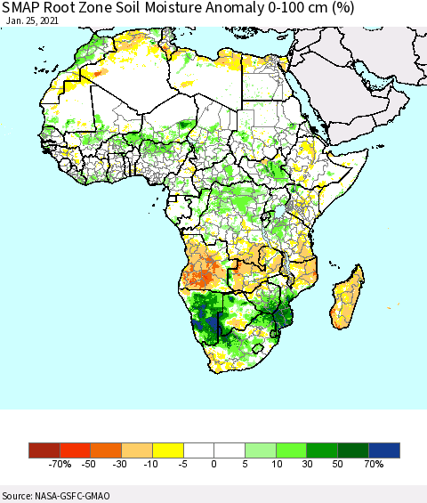 Africa SMAP Root Zone (0-100 cm) Soil Moisture Anomaly (%) Thematic Map For 1/21/2021 - 1/25/2021