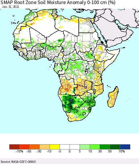 Africa SMAP Root Zone (0-100 cm) Soil Moisture Anomaly (%) Thematic Map For 1/26/2021 - 1/31/2021