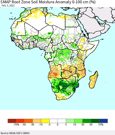 Africa SMAP Root Zone (0-100 cm) Soil Moisture Anomaly (%) Thematic Map For 2/1/2021 - 2/5/2021