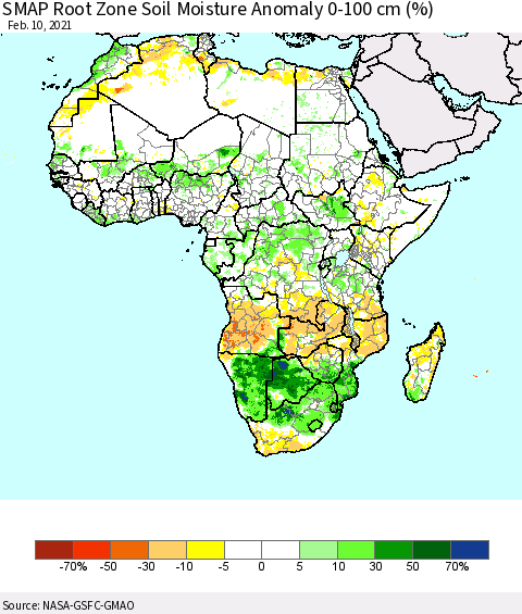 Africa SMAP Root Zone (0-100 cm) Soil Moisture Anomaly (%) Thematic Map For 2/6/2021 - 2/10/2021
