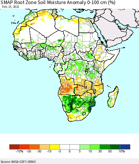 Africa SMAP Root Zone (0-100 cm) Soil Moisture Anomaly (%) Thematic Map For 2/11/2021 - 2/15/2021