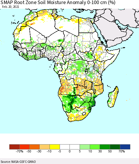 Africa SMAP Root Zone (0-100 cm) Soil Moisture Anomaly (%) Thematic Map For 2/16/2021 - 2/20/2021
