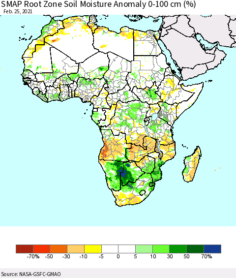 Africa SMAP Root Zone (0-100 cm) Soil Moisture Anomaly (%) Thematic Map For 2/21/2021 - 2/25/2021