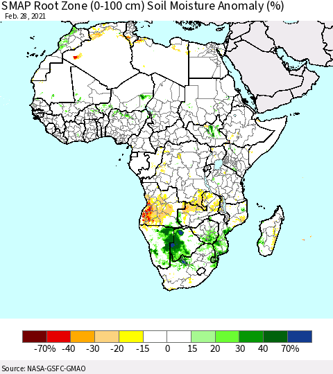 Africa SMAP Root Zone (0-100 cm) Soil Moisture Anomaly (%) Thematic Map For 2/26/2021 - 2/28/2021