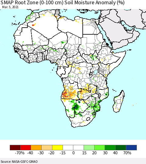 Africa SMAP Root Zone (0-100 cm) Soil Moisture Anomaly (%) Thematic Map For 3/1/2021 - 3/5/2021