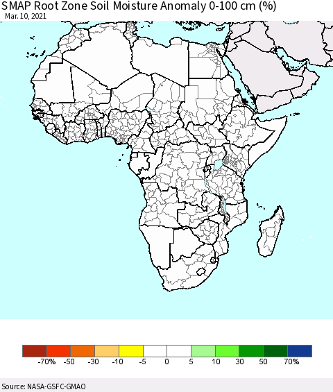 Africa SMAP Root Zone (0-100 cm) Soil Moisture Anomaly (%) Thematic Map For 3/6/2021 - 3/10/2021