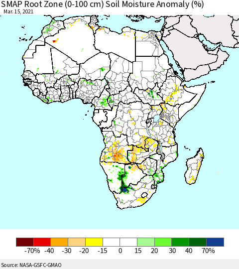 Africa SMAP Root Zone (0-100 cm) Soil Moisture Anomaly (%) Thematic Map For 3/11/2021 - 3/15/2021