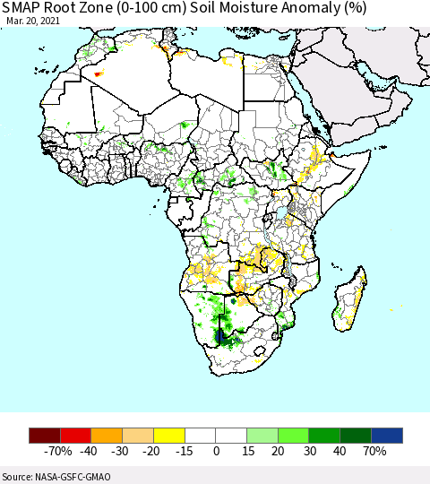 Africa SMAP Root Zone (0-100 cm) Soil Moisture Anomaly (%) Thematic Map For 3/16/2021 - 3/20/2021