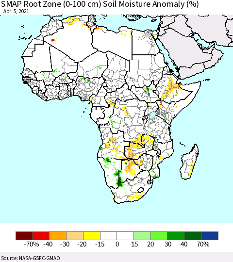 Africa SMAP Root Zone (0-100 cm) Soil Moisture Anomaly (%) Thematic Map For 4/1/2021 - 4/5/2021