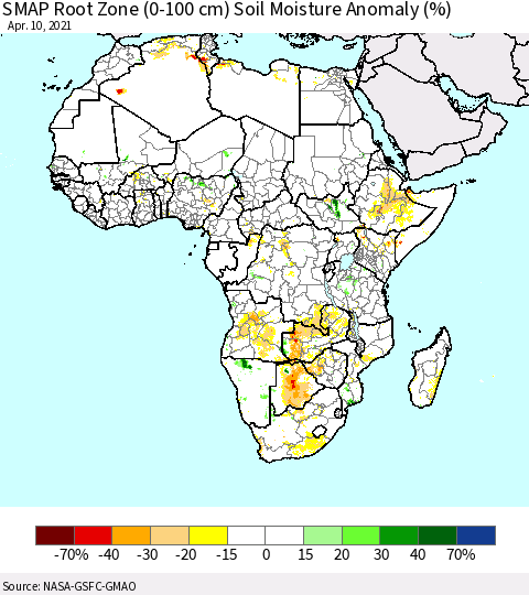 Africa SMAP Root Zone (0-100 cm) Soil Moisture Anomaly (%) Thematic Map For 4/6/2021 - 4/10/2021