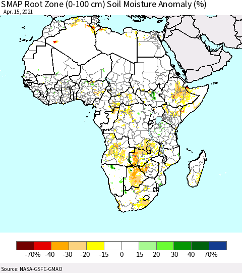 Africa SMAP Root Zone (0-100 cm) Soil Moisture Anomaly (%) Thematic Map For 4/11/2021 - 4/15/2021