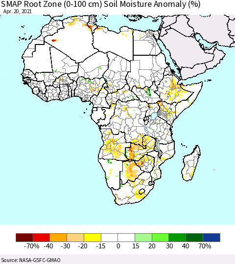 Africa SMAP Root Zone (0-100 cm) Soil Moisture Anomaly (%) Thematic Map For 4/16/2021 - 4/20/2021