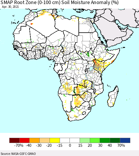 Africa SMAP Root Zone (0-100 cm) Soil Moisture Anomaly (%) Thematic Map For 4/26/2021 - 4/30/2021