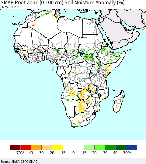 Africa SMAP Root Zone (0-100 cm) Soil Moisture Anomaly (%) Thematic Map For 5/6/2021 - 5/10/2021