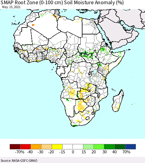 Africa SMAP Root Zone (0-100 cm) Soil Moisture Anomaly (%) Thematic Map For 5/11/2021 - 5/15/2021