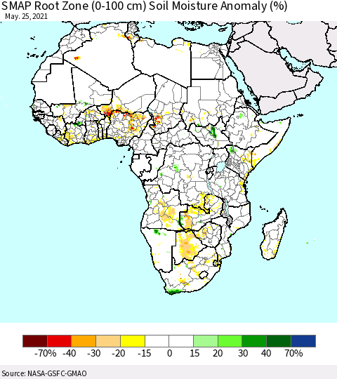 Africa SMAP Root Zone (0-100 cm) Soil Moisture Anomaly (%) Thematic Map For 5/21/2021 - 5/25/2021