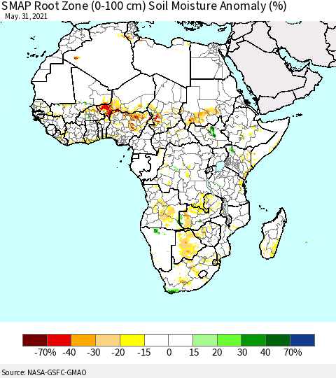 Africa SMAP Root Zone (0-100 cm) Soil Moisture Anomaly (%) Thematic Map For 5/26/2021 - 5/31/2021