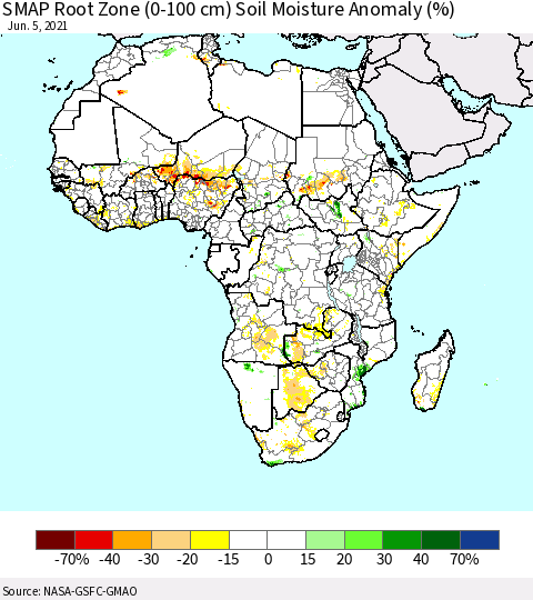 Africa SMAP Root Zone (0-100 cm) Soil Moisture Anomaly (%) Thematic Map For 6/1/2021 - 6/5/2021