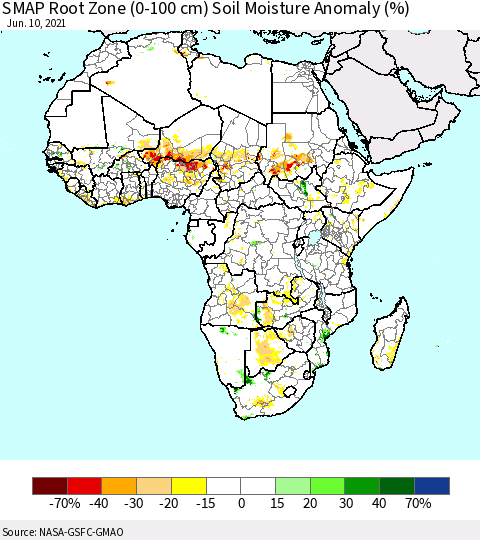Africa SMAP Root Zone (0-100 cm) Soil Moisture Anomaly (%) Thematic Map For 6/6/2021 - 6/10/2021