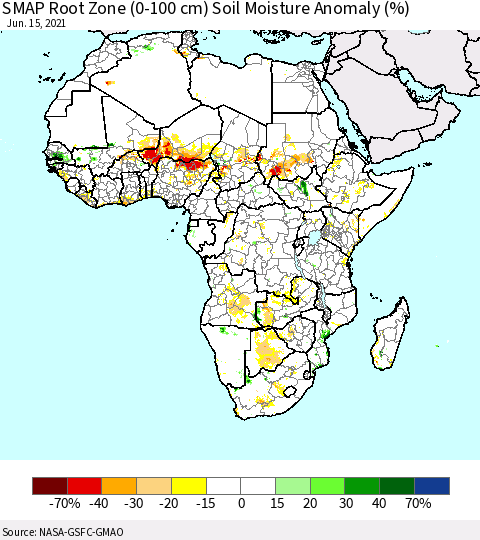 Africa SMAP Root Zone (0-100 cm) Soil Moisture Anomaly (%) Thematic Map For 6/11/2021 - 6/15/2021