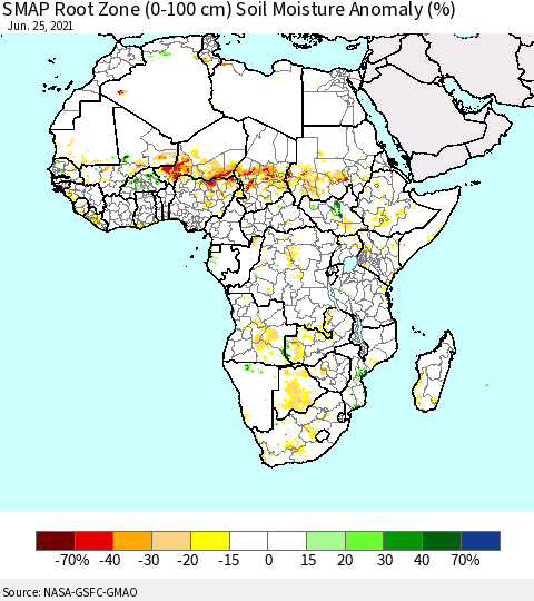 Africa SMAP Root Zone (0-100 cm) Soil Moisture Anomaly (%) Thematic Map For 6/21/2021 - 6/25/2021