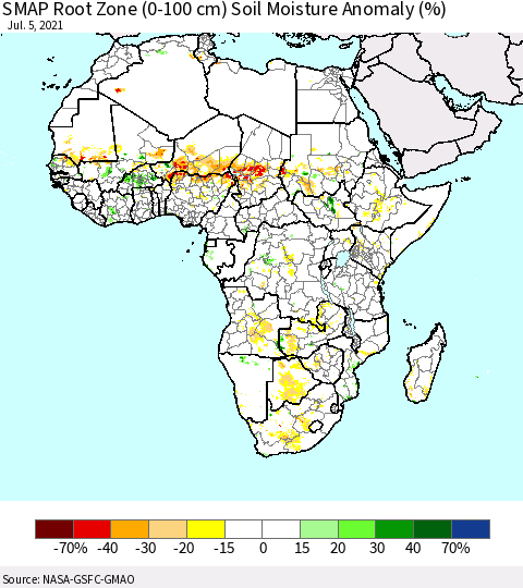 Africa SMAP Root Zone (0-100 cm) Soil Moisture Anomaly (%) Thematic Map For 7/1/2021 - 7/5/2021