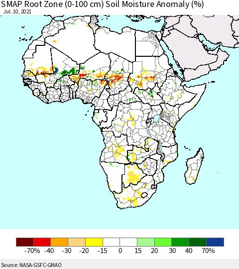 Africa SMAP Root Zone (0-100 cm) Soil Moisture Anomaly (%) Thematic Map For 7/6/2021 - 7/10/2021