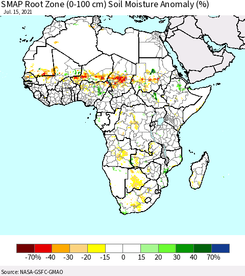 Africa SMAP Root Zone (0-100 cm) Soil Moisture Anomaly (%) Thematic Map For 7/11/2021 - 7/15/2021