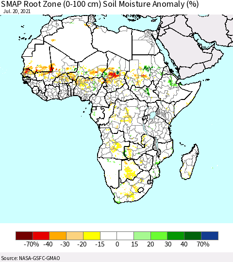 Africa SMAP Root Zone (0-100 cm) Soil Moisture Anomaly (%) Thematic Map For 7/16/2021 - 7/20/2021