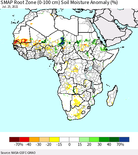 Africa SMAP Root Zone (0-100 cm) Soil Moisture Anomaly (%) Thematic Map For 7/21/2021 - 7/25/2021