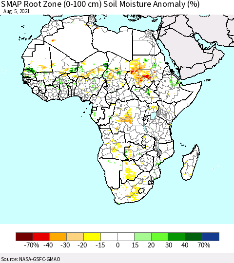 Africa SMAP Root Zone (0-100 cm) Soil Moisture Anomaly (%) Thematic Map For 8/1/2021 - 8/5/2021