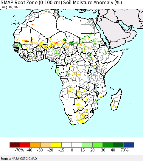 Africa SMAP Root Zone (0-100 cm) Soil Moisture Anomaly (%) Thematic Map For 8/6/2021 - 8/10/2021