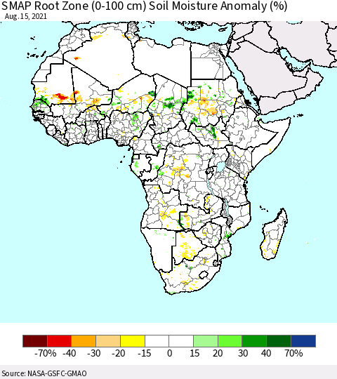 Africa SMAP Root Zone (0-100 cm) Soil Moisture Anomaly (%) Thematic Map For 8/11/2021 - 8/15/2021
