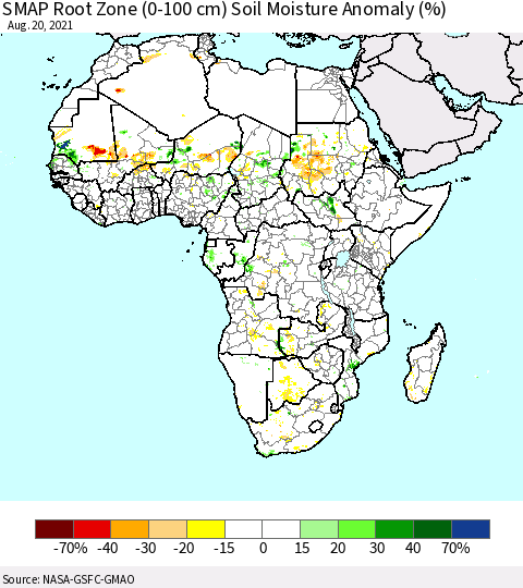 Africa SMAP Root Zone (0-100 cm) Soil Moisture Anomaly (%) Thematic Map For 8/16/2021 - 8/20/2021