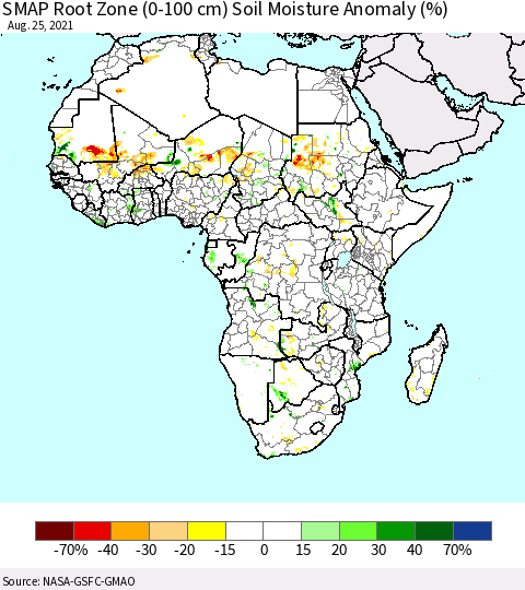 Africa SMAP Root Zone (0-100 cm) Soil Moisture Anomaly (%) Thematic Map For 8/21/2021 - 8/25/2021