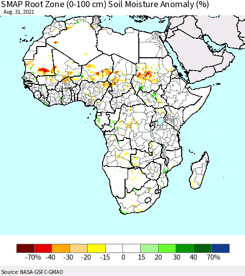 Africa SMAP Root Zone (0-100 cm) Soil Moisture Anomaly (%) Thematic Map For 8/26/2021 - 8/31/2021