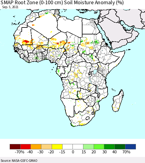 Africa SMAP Root Zone (0-100 cm) Soil Moisture Anomaly (%) Thematic Map For 9/1/2021 - 9/5/2021