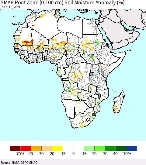 Africa SMAP Root Zone (0-100 cm) Soil Moisture Anomaly (%) Thematic Map For 9/6/2021 - 9/10/2021
