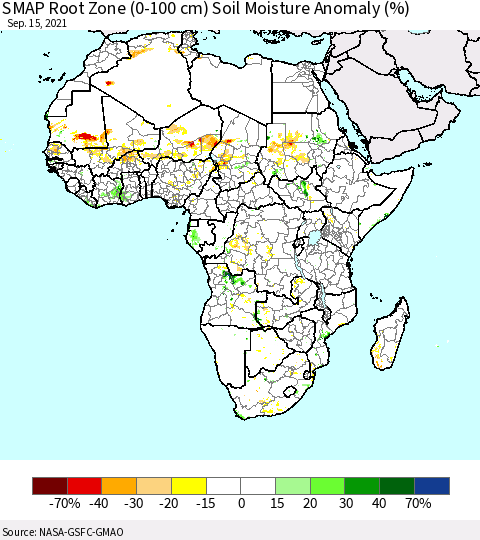 Africa SMAP Root Zone (0-100 cm) Soil Moisture Anomaly (%) Thematic Map For 9/11/2021 - 9/15/2021