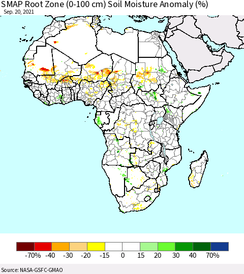 Africa SMAP Root Zone (0-100 cm) Soil Moisture Anomaly (%) Thematic Map For 9/16/2021 - 9/20/2021