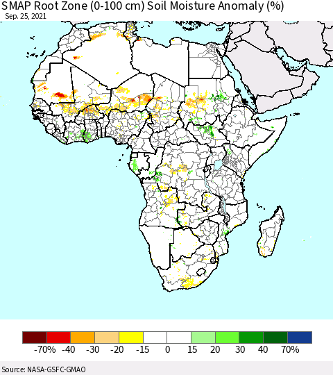 Africa SMAP Root Zone (0-100 cm) Soil Moisture Anomaly (%) Thematic Map For 9/21/2021 - 9/25/2021