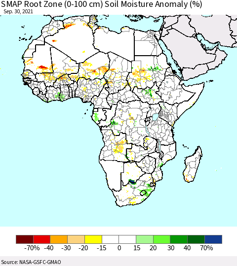 Africa SMAP Root Zone (0-100 cm) Soil Moisture Anomaly (%) Thematic Map For 9/26/2021 - 9/30/2021