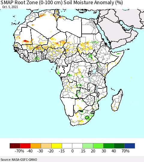 Africa SMAP Root Zone (0-100 cm) Soil Moisture Anomaly (%) Thematic Map For 10/1/2021 - 10/5/2021