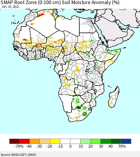 Africa SMAP Root Zone (0-100 cm) Soil Moisture Anomaly (%) Thematic Map For 10/6/2021 - 10/10/2021